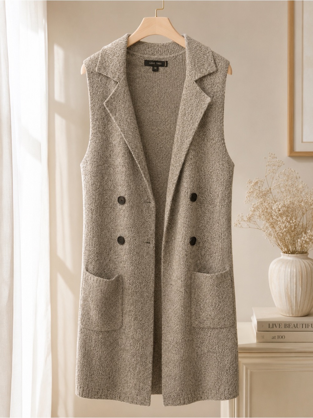 Love Tree Double-Breasted Sleeveless Knit Vest - Taupe